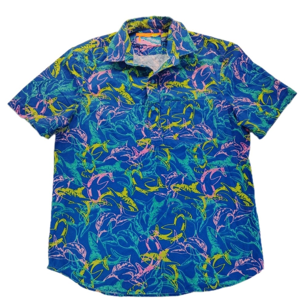 Chubbies Shirt Mens Medium Blue Polo Button Short Sleeve Sharks All Over Print